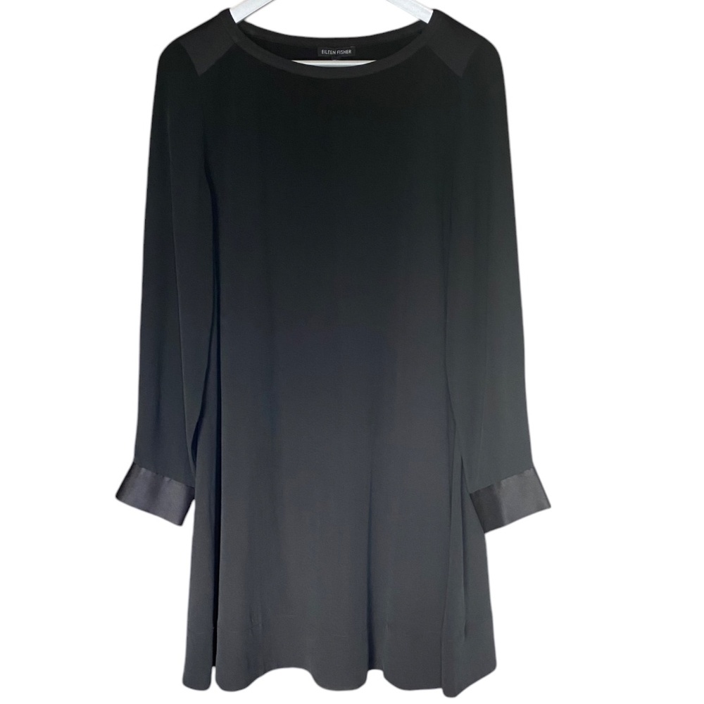Eileen Fisher 100% Silk Georgette Crepe Dress Black Long Sleeve  Size Small
